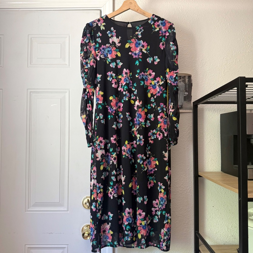 DESTINATION 365 black mesh knit floral ruched sheer long sleeve midi dress